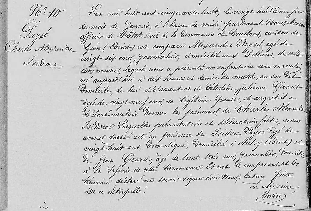 acte de naissance Charles Alexandre Isidore Paysé