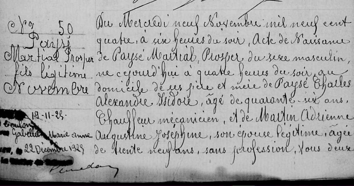 acte de naissance Martial P Paysé partie 1